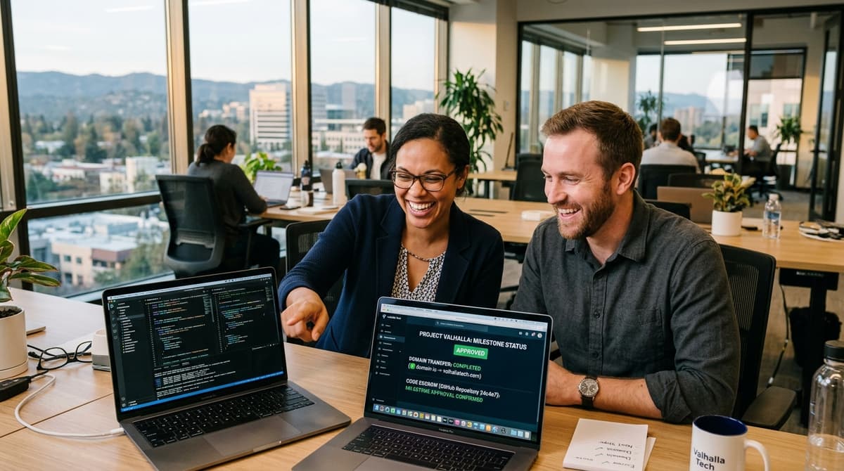 Founders reviewing domain transfer milestone verification