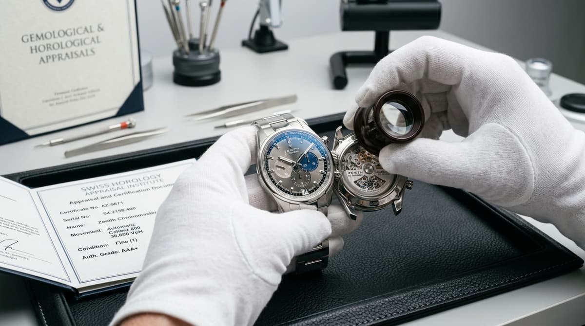 Expert watchmaker inspecting luxury Swiss chronograph with gloves and certificate